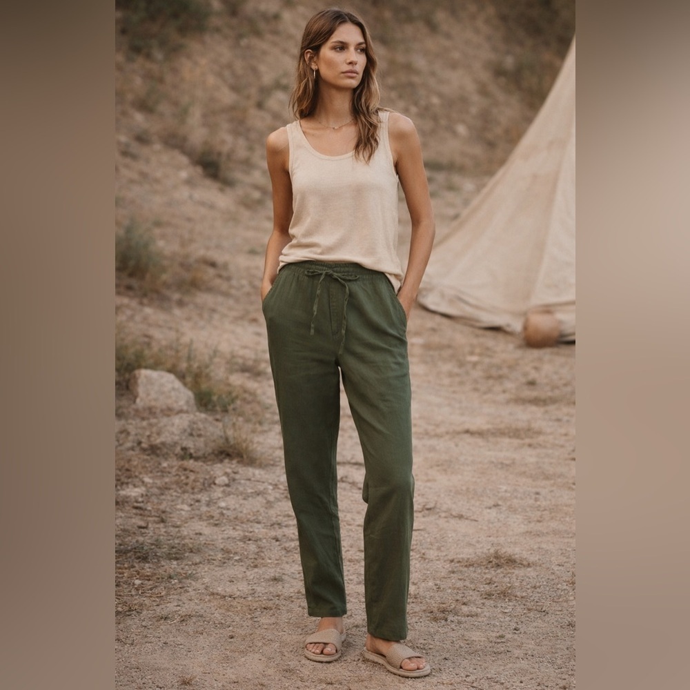 IXIMO %100 Linen Pants Tapered Leg sz S Lagenlook Coastal Army Green pull on
